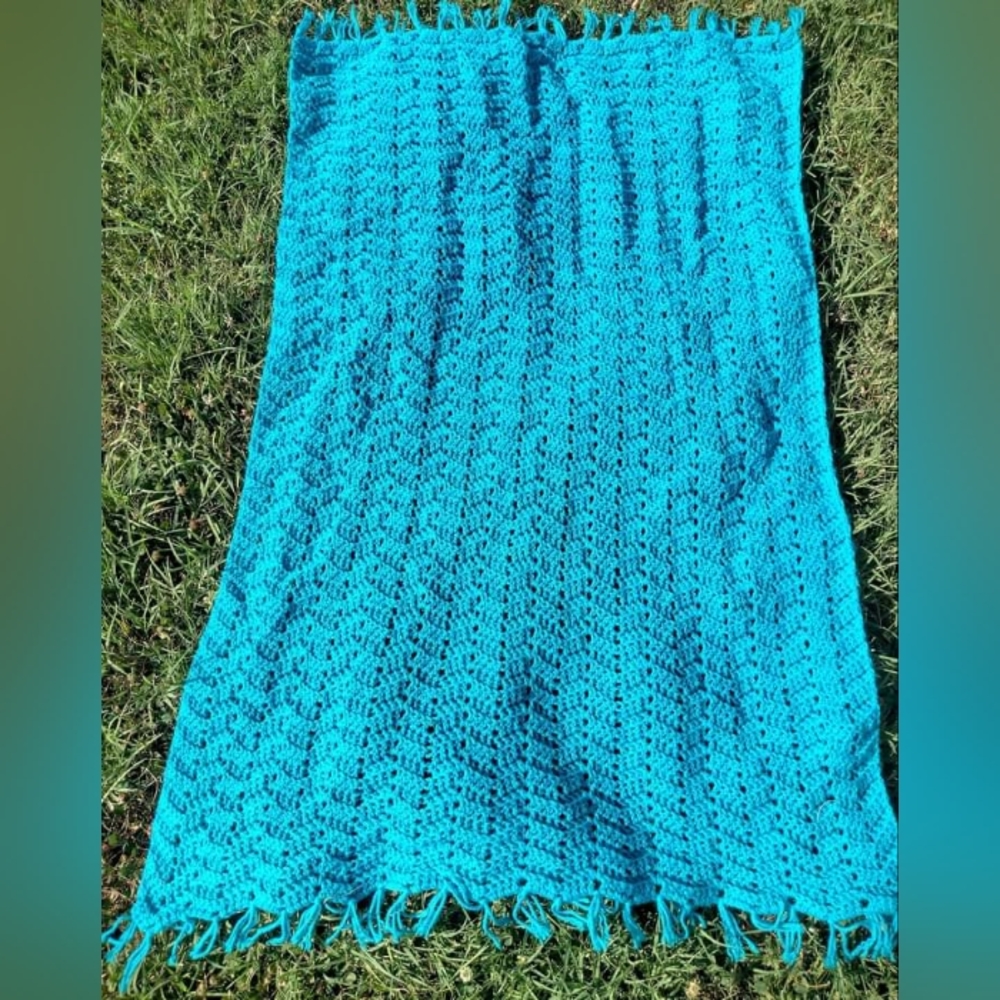 Handcrafted teal baby toddler blanket with fringe